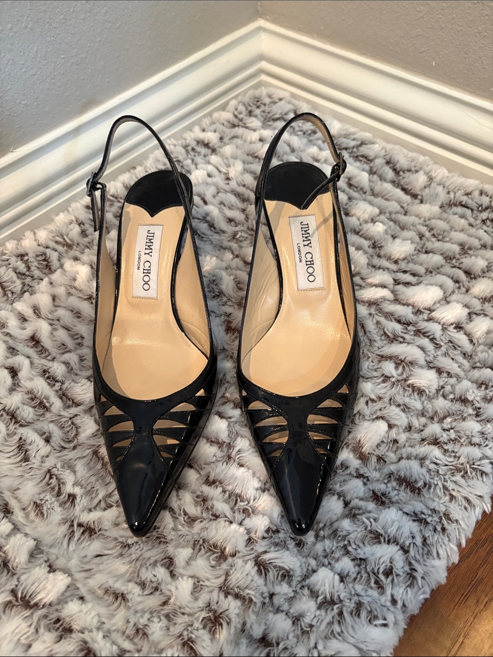 Jimmy Choo Black Patent Leather Pointed Slingback Pumps